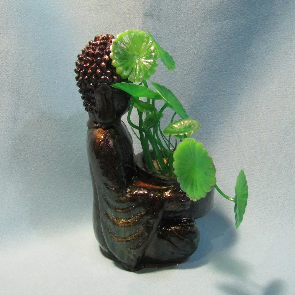 Aquarium Decoration - Green and Gold Buddha with Artificial Plant